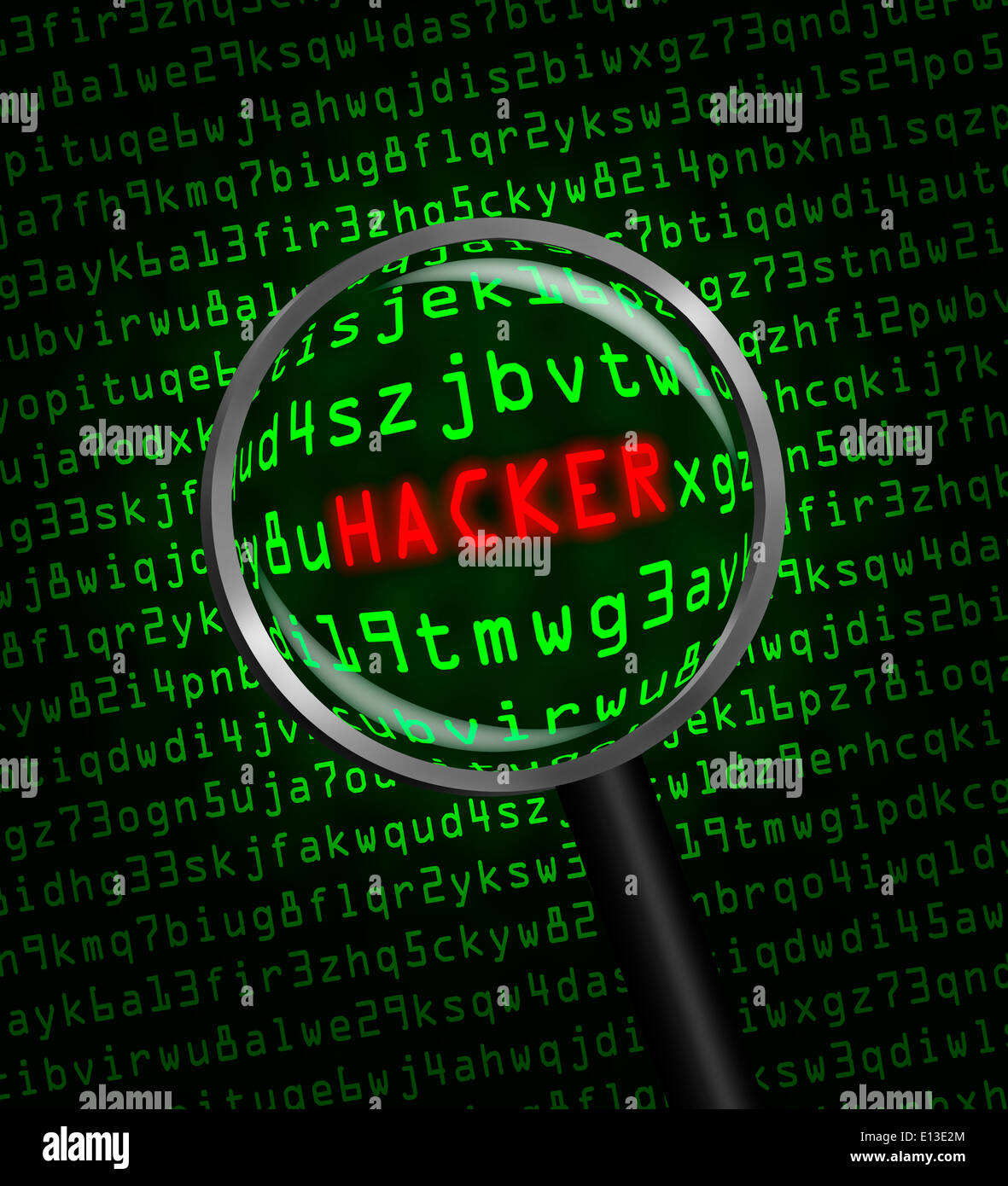 Le mot "hacker" en rouge a révélé révélé dans green computer code machine à travers une loupe Banque D'Images