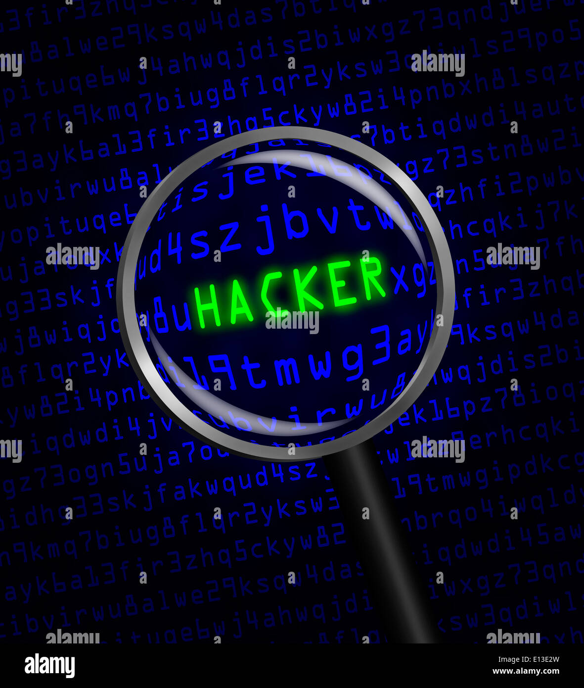Le mot "hacker" en vert a révélé révélé en code machine ordinateur bleu à travers une loupe Banque D'Images