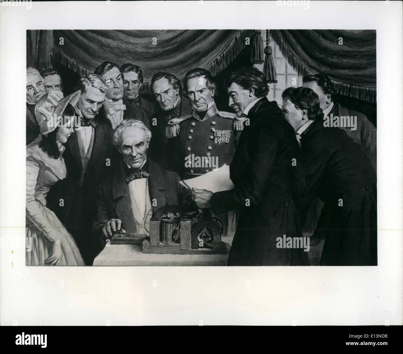 Mar. 22, 2012 - Morse envoie premier télégramme : Samuel F. Morse, inventeur du premier télégraphe pratique, c'est montre l'envoi du premier télégramme le 24 mai 1844. Le message, ''Qu'est-ce que Dieu a fait ?'' a été envoyer dans la chambre de la Cour suprême dans le Capitole à Washington sur un fil de 40 milles à Baltimore. Le télégraphe était la première utilisation pratique faite de l'électricité. Elle a aussi permis le développement ultérieur de la téléphone, radio, télévision, et l'ensemble de l'ère électronique merveilleux d'aujourd'hui, y compris les communications par satellite. Banque D'Images