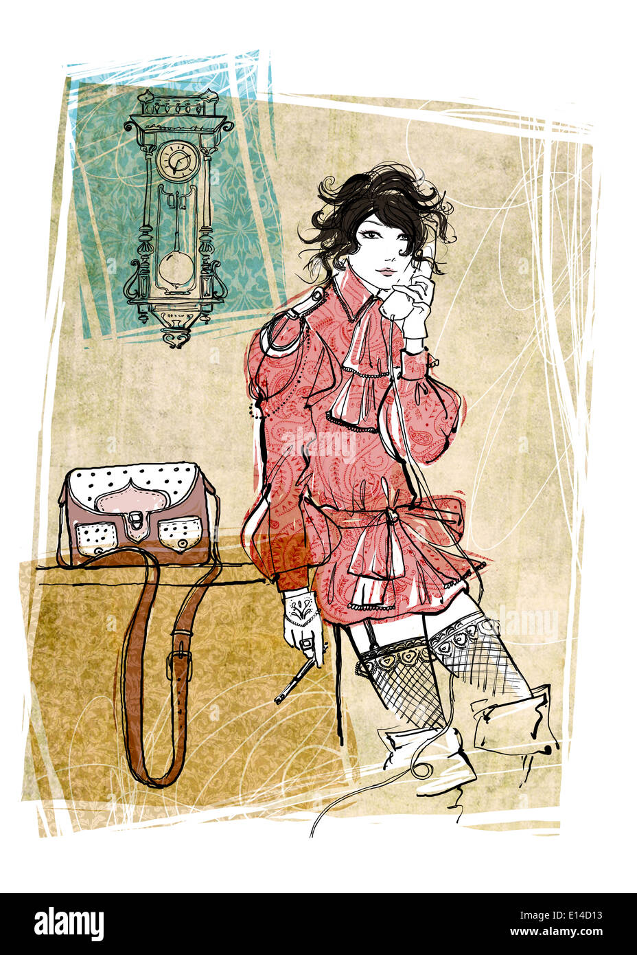 Illustration de la femme à l'aide de téléphone fixe dans la chambre Banque D'Images