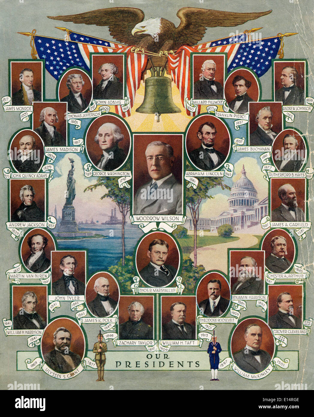 Une illustration de portraits de l'American USA présidents George Washington de 1789 à 1921. Banque D'Images