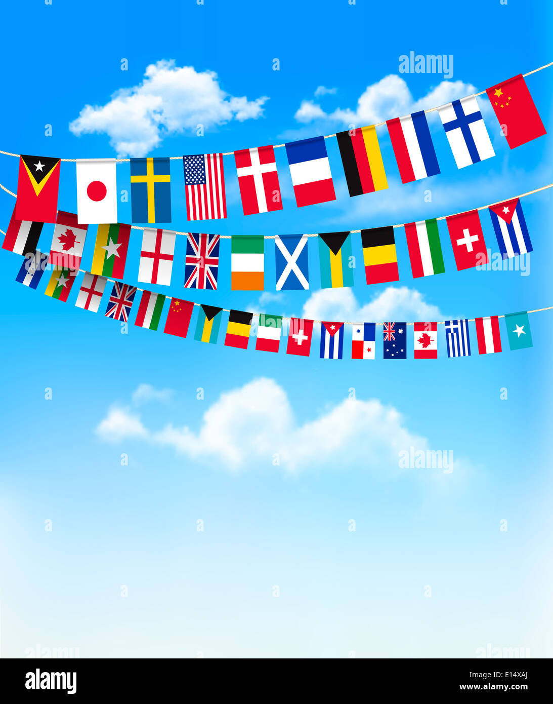 Monde bunting les drapeaux sur ciel bleu. Vector illustration Banque D'Images