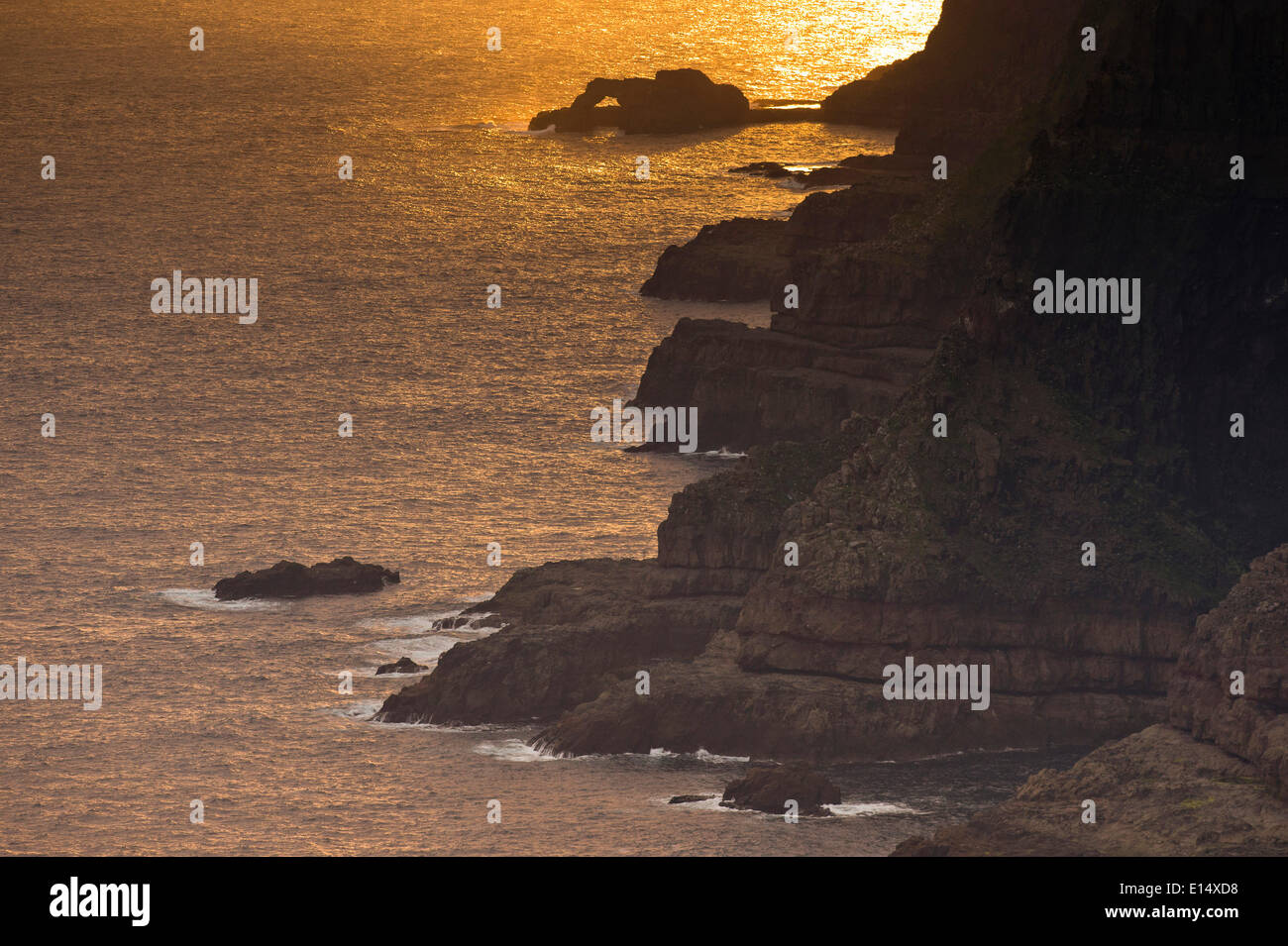 Rochers et mer dans la lumière du soir, près de Lopra, Suðuroy, îles Féroé, Danemark Banque D'Images Rochers et mer dans la lumière du soir, près de Lopra, Suðuroy, îles Féroé, Danemark Banque D'Images