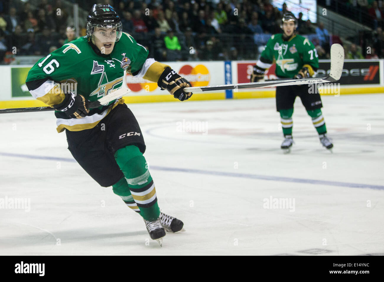 Nicolas Aube-Kubel du Val-d'Or en action de jeu lors de la coupe Memorial 2014 le 20 mai 2014, à London, en Ontario, Canada. Val-d'Or Foreurs a poursuivi en bataille au retour d'un déficit de deux buts pour gagner le match en prolongation. Banque D'Images