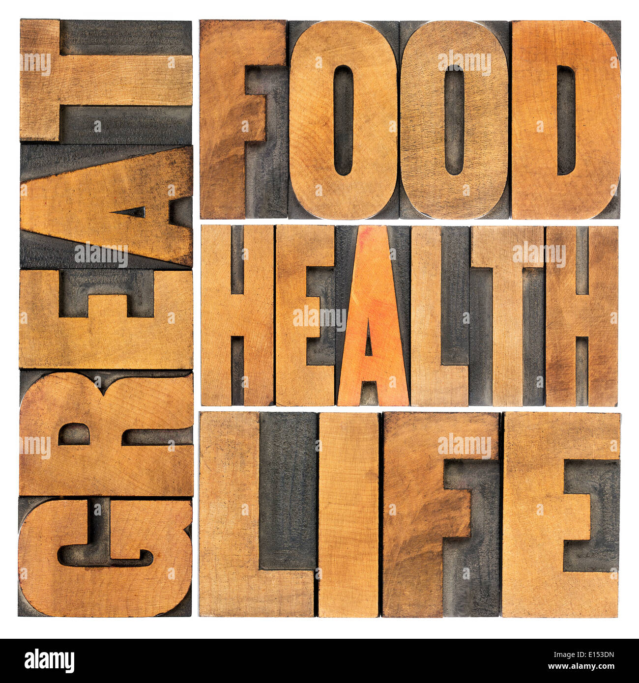 Excellente nourriture, de la santé et de la vie - une saine alimentation et mode de vie concept - mot isolé en résumé type de bois typogravée Banque D'Images