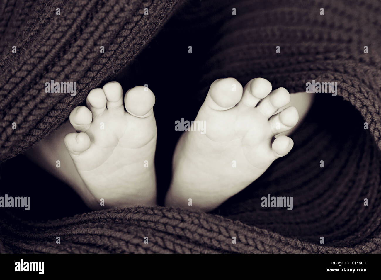 Bébé nouveau-né pieds sur couverture souple brun Banque D'Images