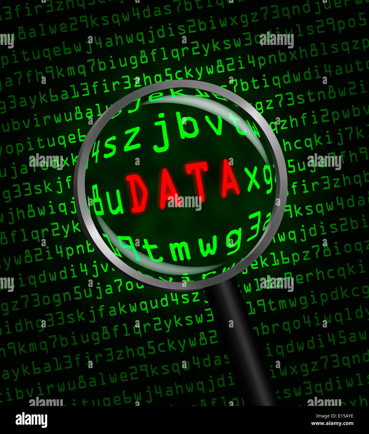 Le mot 'Data' en rouge révélé dans green computer code machine à travers une loupe. Banque D'Images