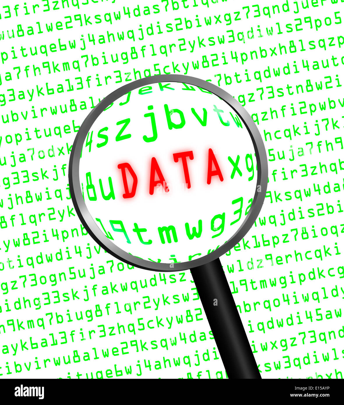 Le mot 'Data' en rouge révélé dans green computer code machine à travers une loupe. Arrière-plan blanc. Banque D'Images