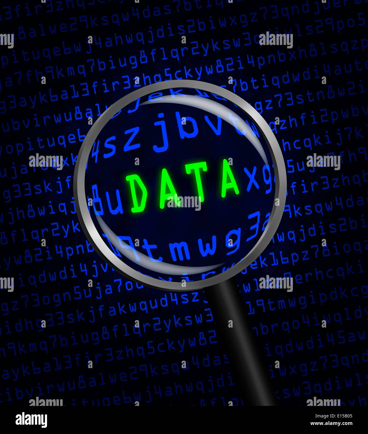 Le mot 'Data' en vert révélé en code machine ordinateur bleu à travers une loupe. Banque D'Images