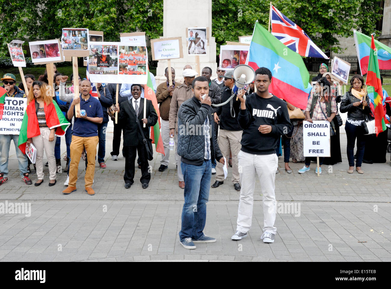 Londres, Royaume-Uni. 23 mai, 2014. Protestation contre les violations des droits de l'homme en Éthiopie contre le peuple Oromo (également connu sous le nom de Galla) en face du Parlement Banque D'Images