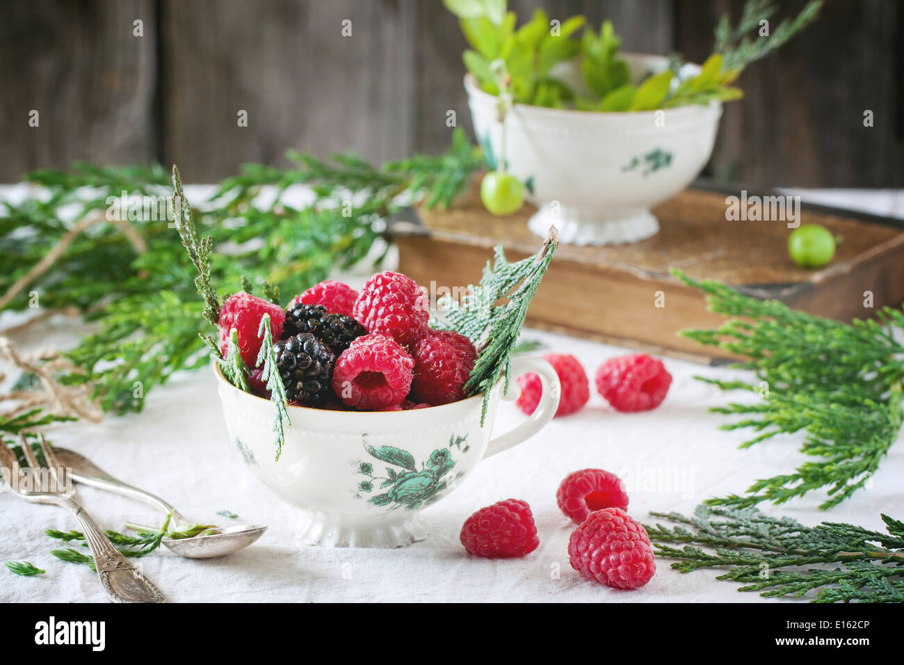 Vintage tasse de framboises et mûres servi avec thuja branches et vieux livre sur la table. Banque D'Images