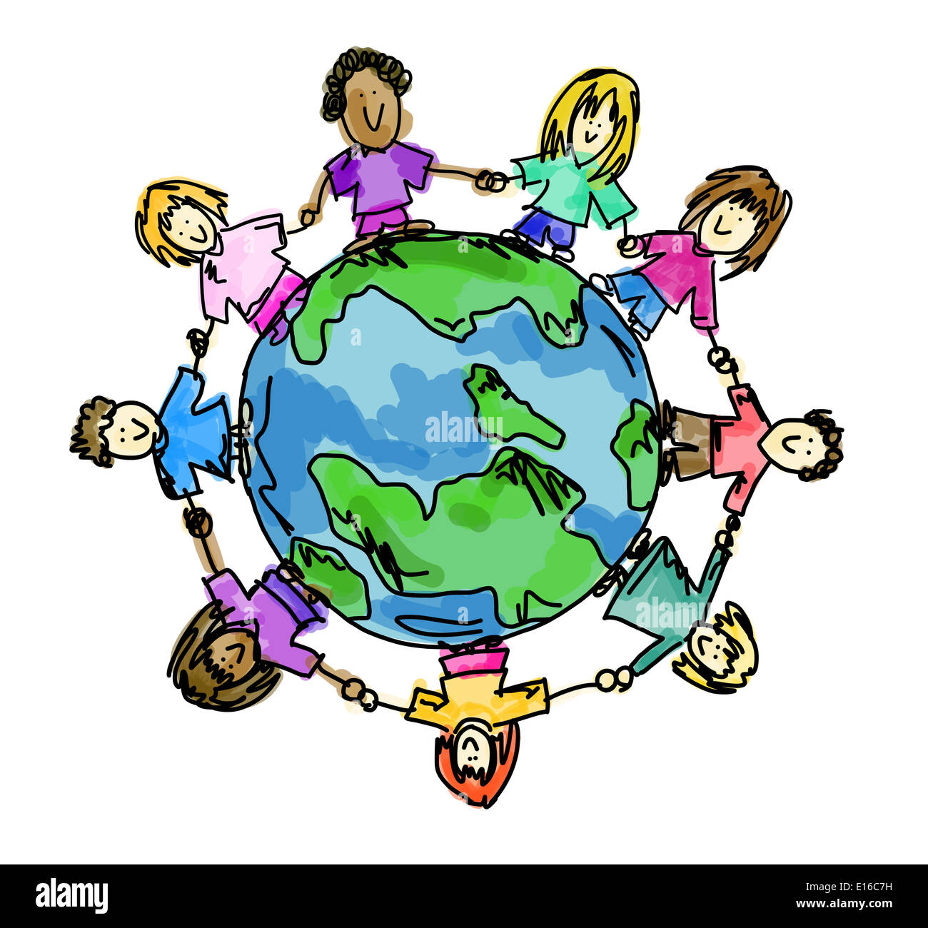 Illustration d'enfants se tenant la main autour du monde Banque D'Images