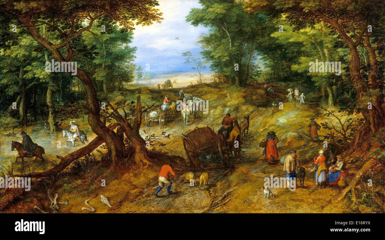 Un chemin forestiers avec des voyageurs par Jan Brueghel l'ancien, 1607 Banque D'Images