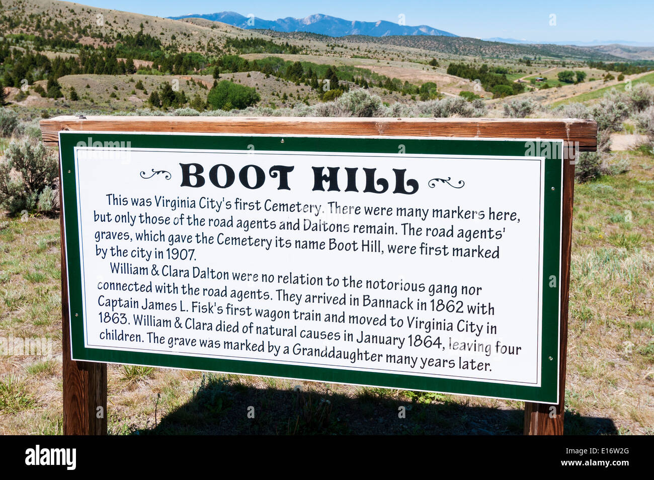 Montana, Virginia City, National Historic Landmark District, 19C ville minière, Boot Hill Cemetery, signe de l'information Banque D'Images
