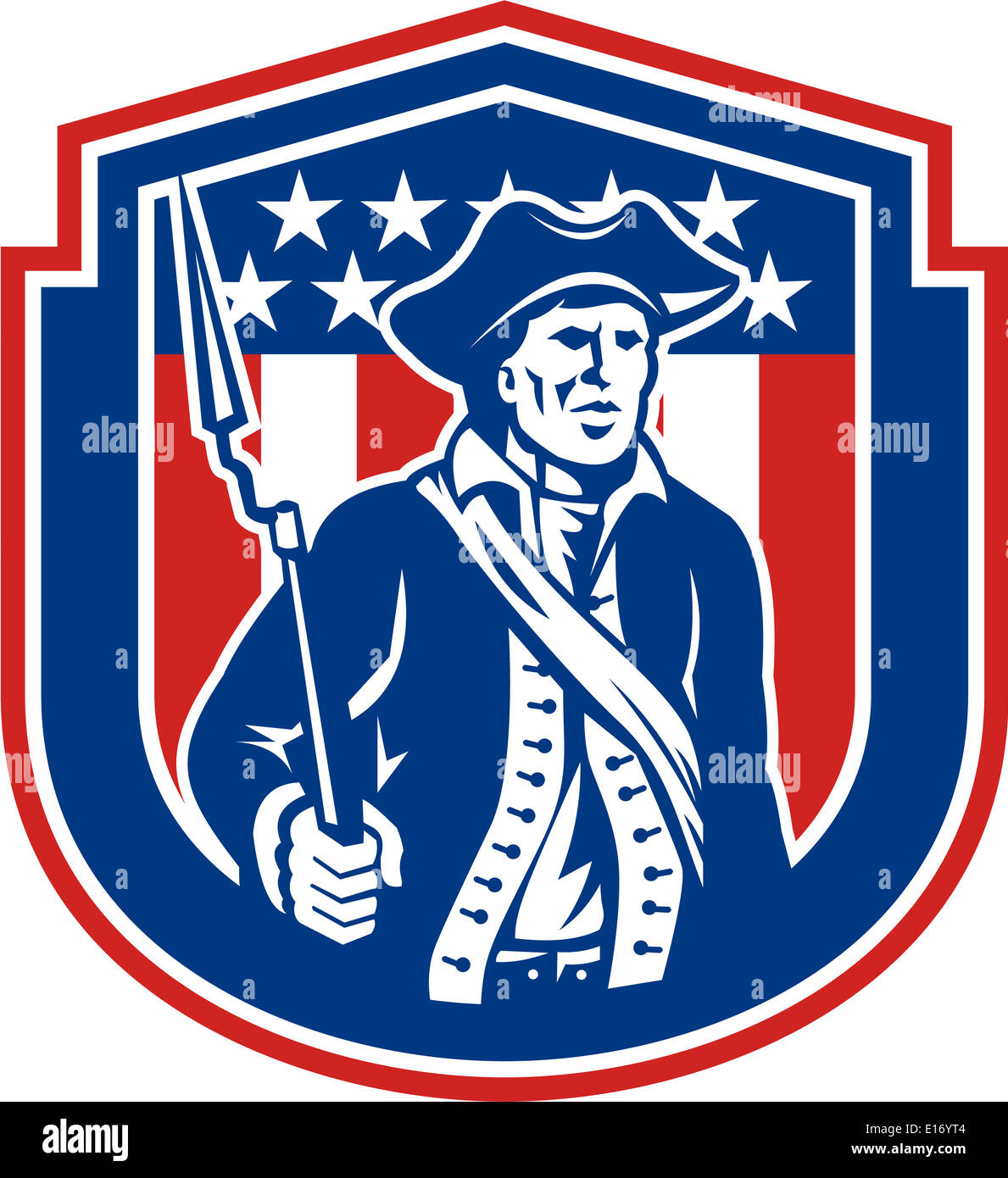 Illustration d'un patriote américain tenant un fusil à baïonnette face à l'avant fixé à l'intérieur crest protection avec stars and stripes sur fond isolé fait en style rétro. Banque D'Images