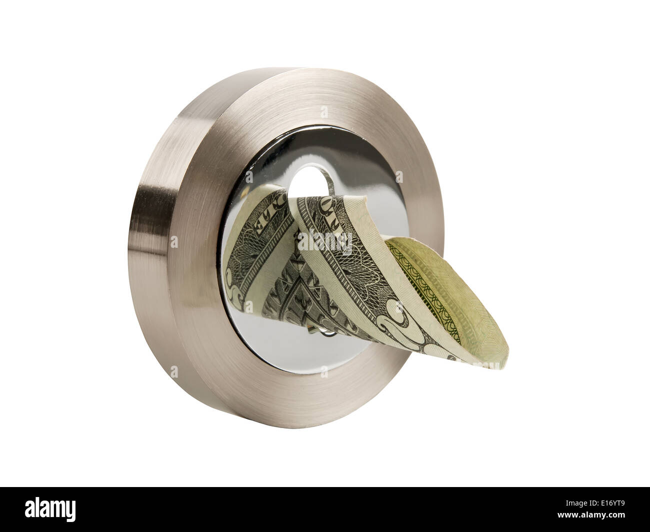 Round keyhole et billets dollar isolé sur fond blanc Banque D'Images