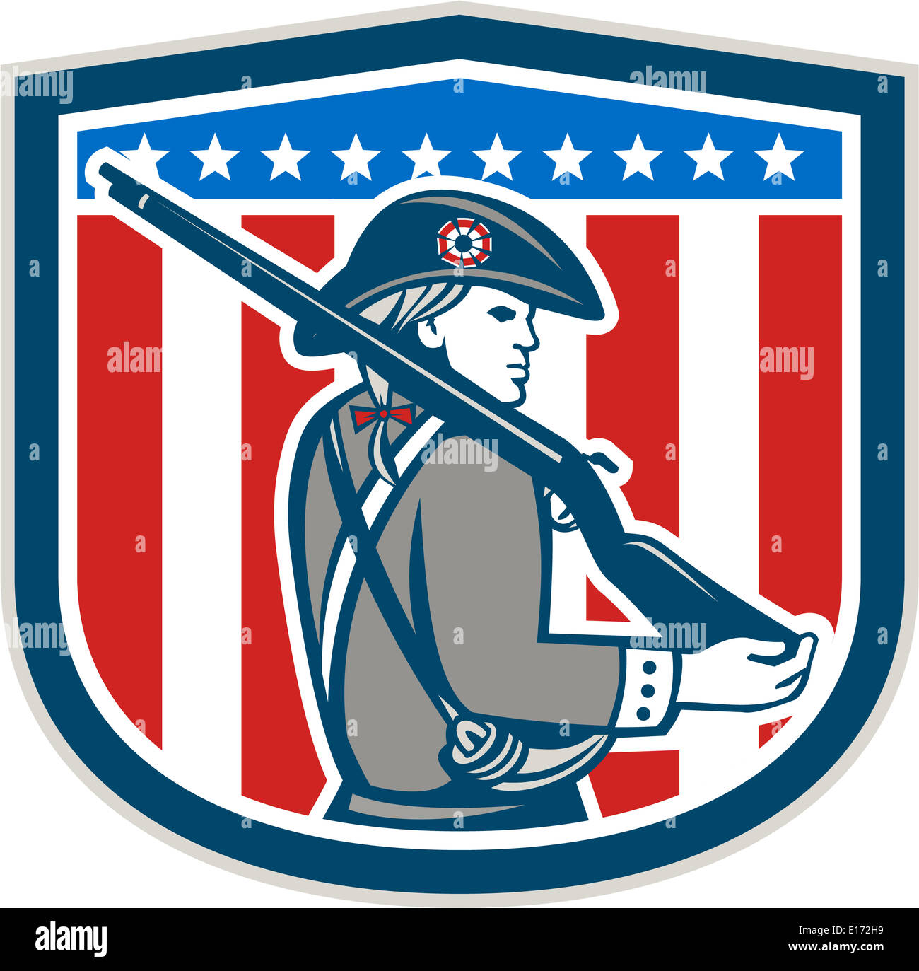 Illustration d'un patriote américain Minuteman tenant une carabine fusil face situé à l''intérieur crest protection avec étoiles isolées sur des Banque D'Images