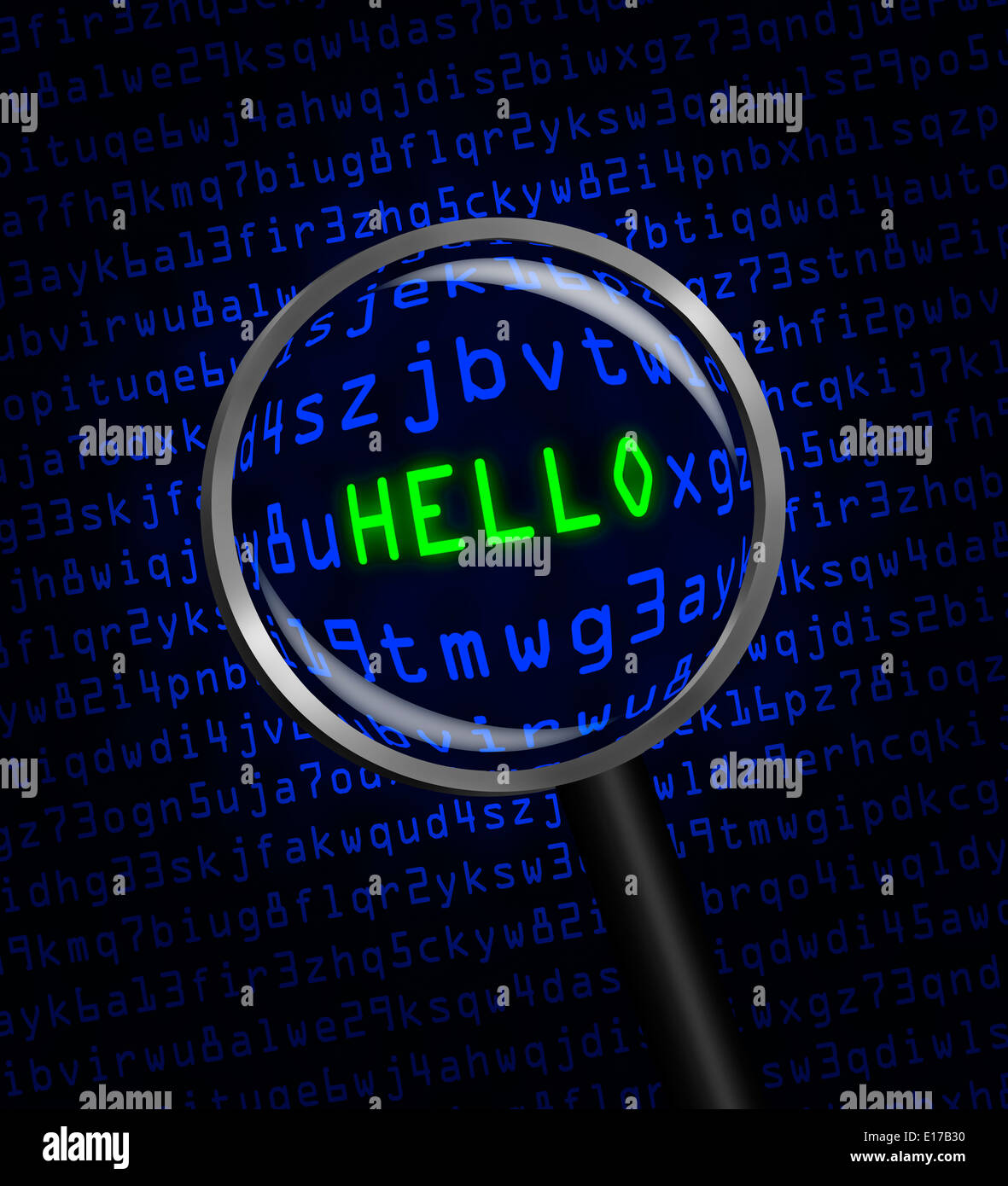 Le mot 'bonjour' en rouge révélé dans green computer code machine à travers une loupe. Banque D'Images