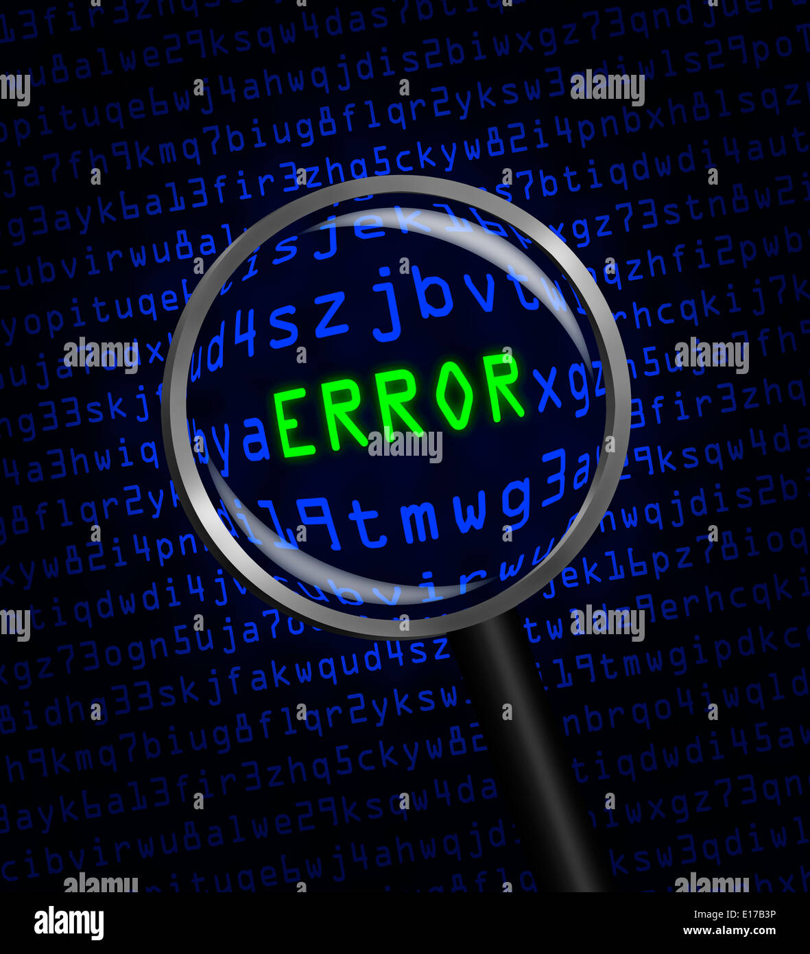 Le mot "ERREUR" en vert révélé en code machine ordinateur bleu à travers une loupe. Banque D'Images