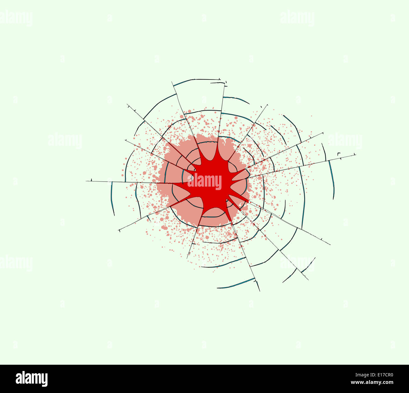 Un trou de balle dans une fenêtre avec l'égrenage en verre et un blood splatter Banque D'Images