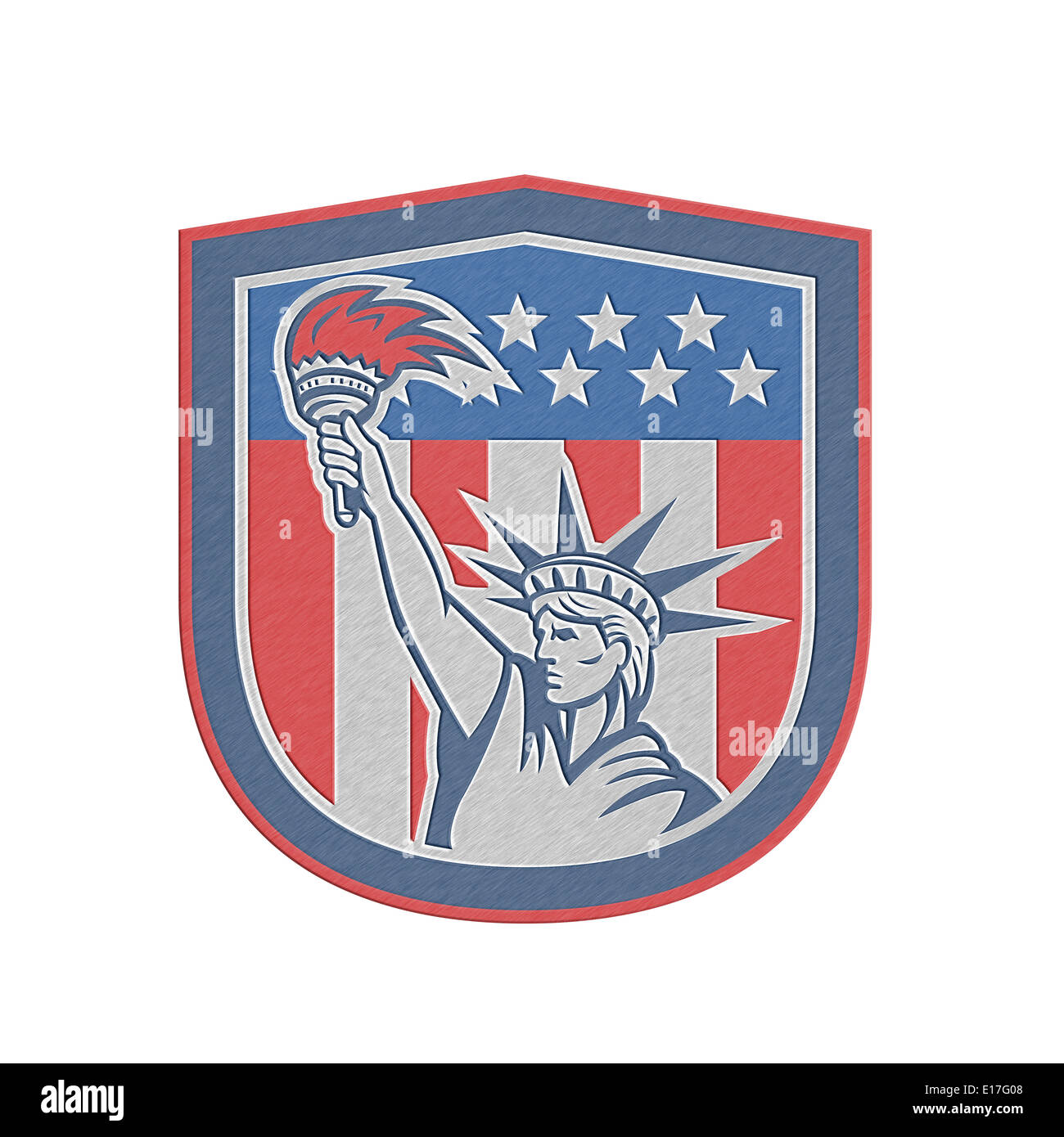 Illustration de style métallique de la statue de la liberté tenant une torche enflammée au drapeau américain stars and stripes background situé à l'intérieur d'un bouclier fait en style rétro. Banque D'Images
