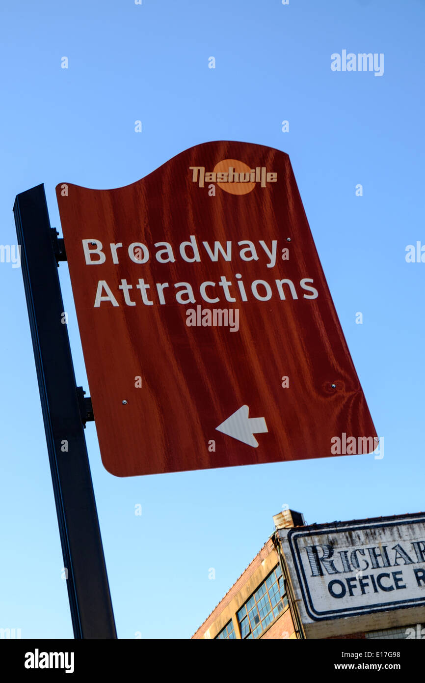 Un panneau indiquant les touristes à la South Broadway attractions de Nashville, Tennessee Banque D'Images