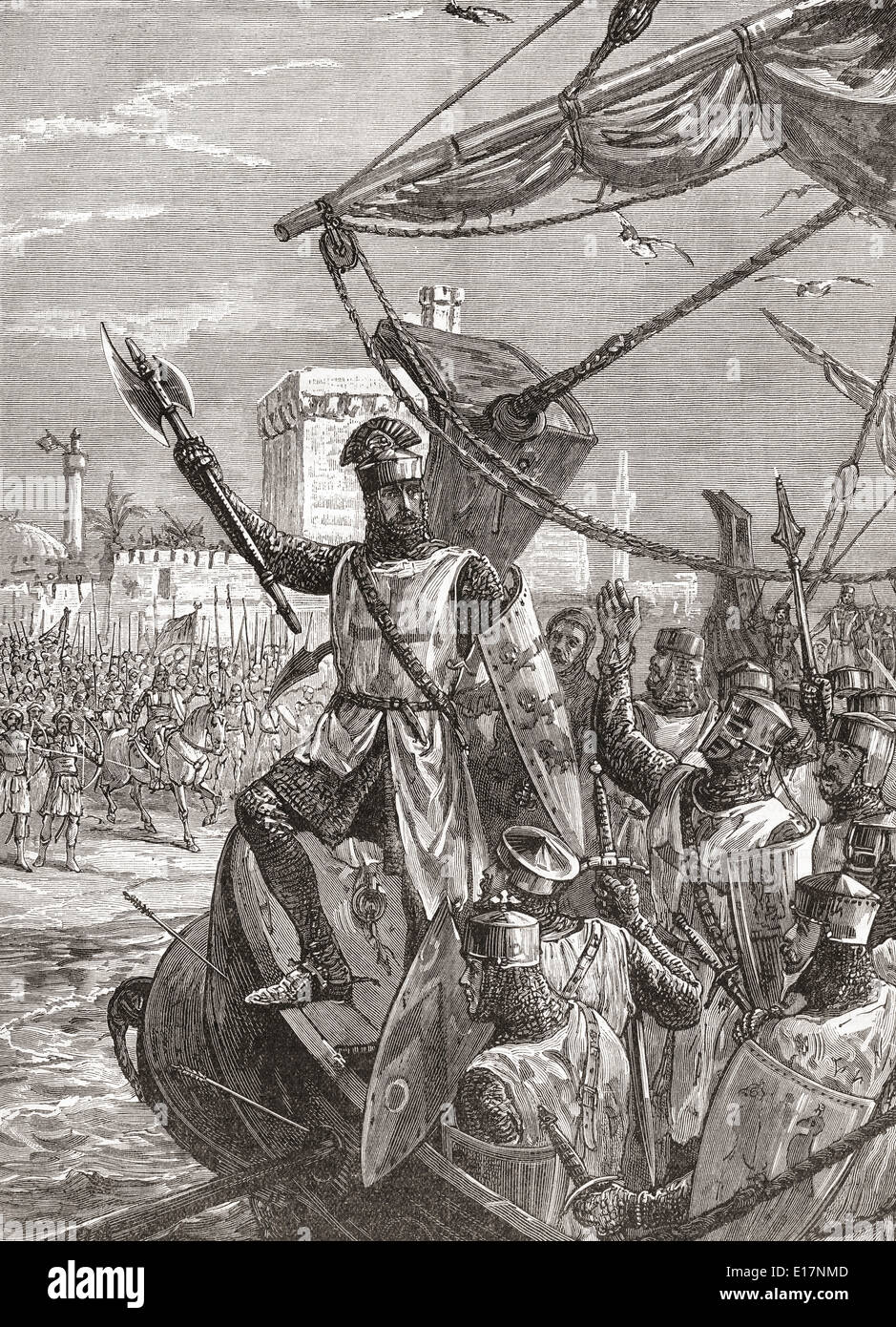 Richard l'atterrissage à Jaffa en 1191 lors de la Troisième Croisade. Banque D'Images