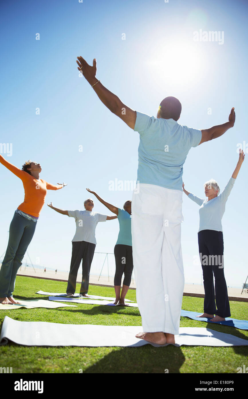 Seniors practicing yoga in sunny park Banque D'Images