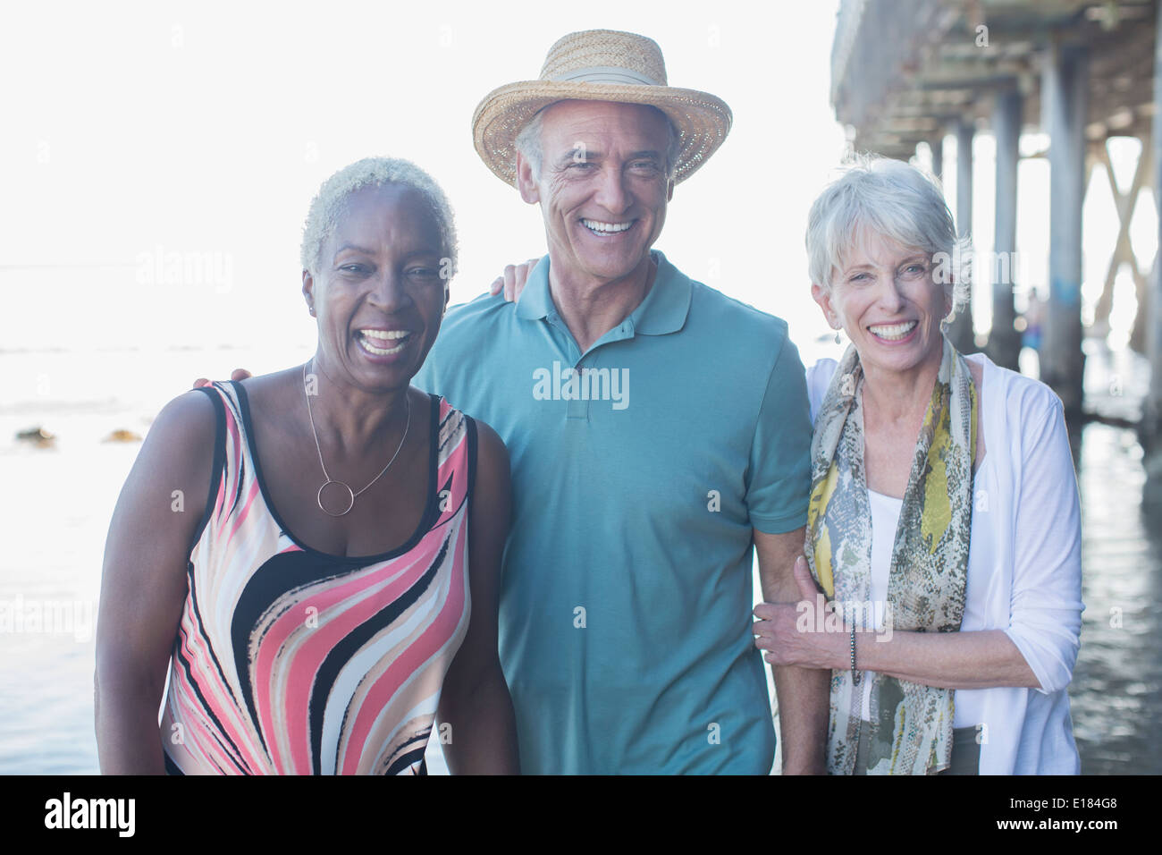 Portrait of happy friends at beach Banque D'Images
