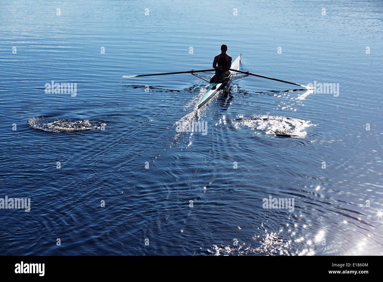 Man rowing scull on lake Banque D'Images