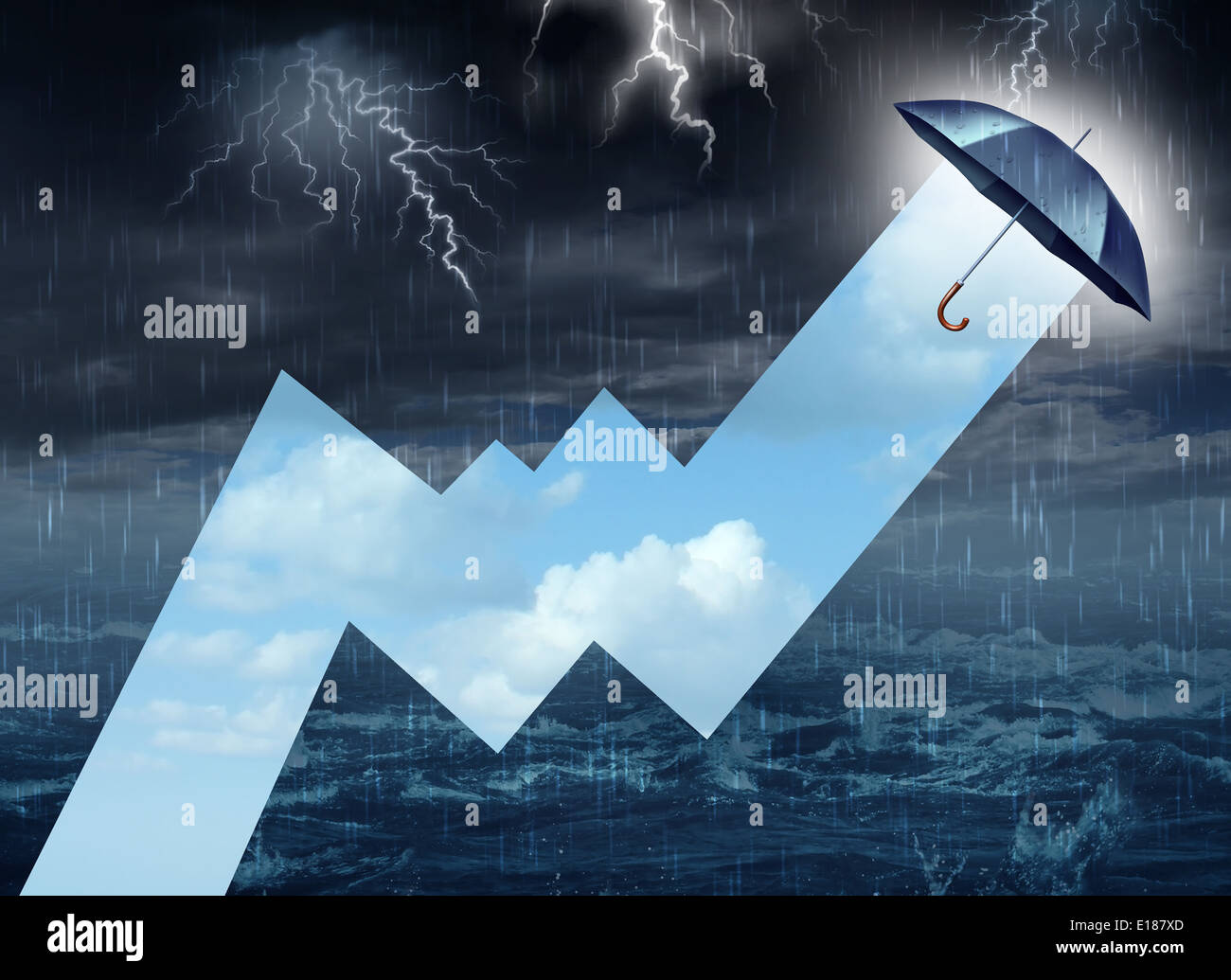 Crise à l'abri de la tempête comme un concept d'affaires sombre ciel pluie dangereuse avec la foudre contrastée par un parapluie dimensions Banque D'Images