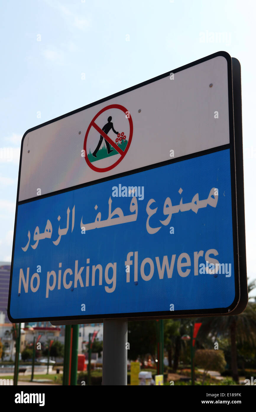 Aucun signe d'une cueillette des fleurs dans le parc de la famille au centre-ville d'Abu Dhabi, les Émirats arabes unis. Banque D'Images