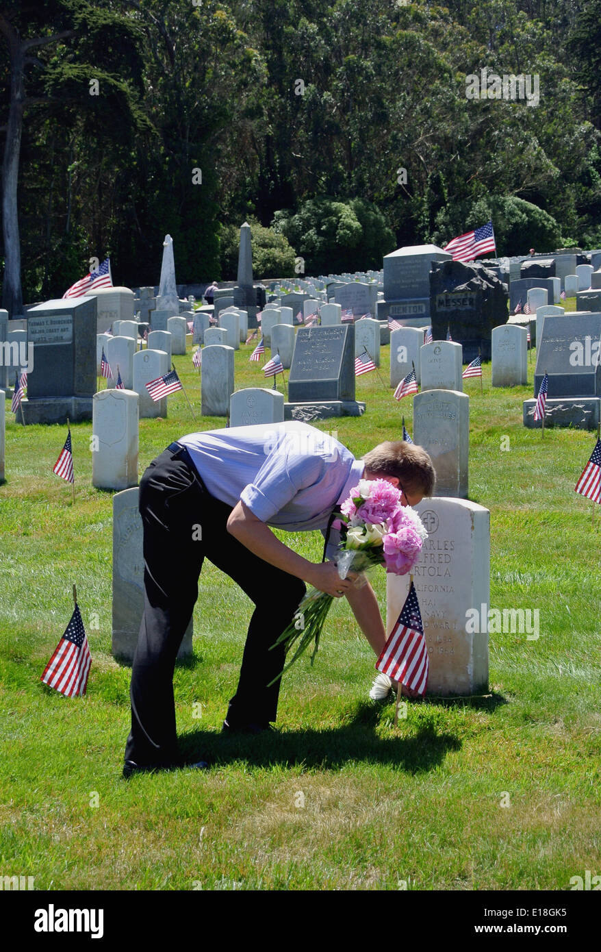 San Francisco 26 mai 2014.l'homme met des fleurs sur les tombes des anciens combattants de guerre au Presidio de San Francisco cimetière national sur Memorial Day 2014. Credit : Bob Kreisel/Alamy Live News Banque D'Images