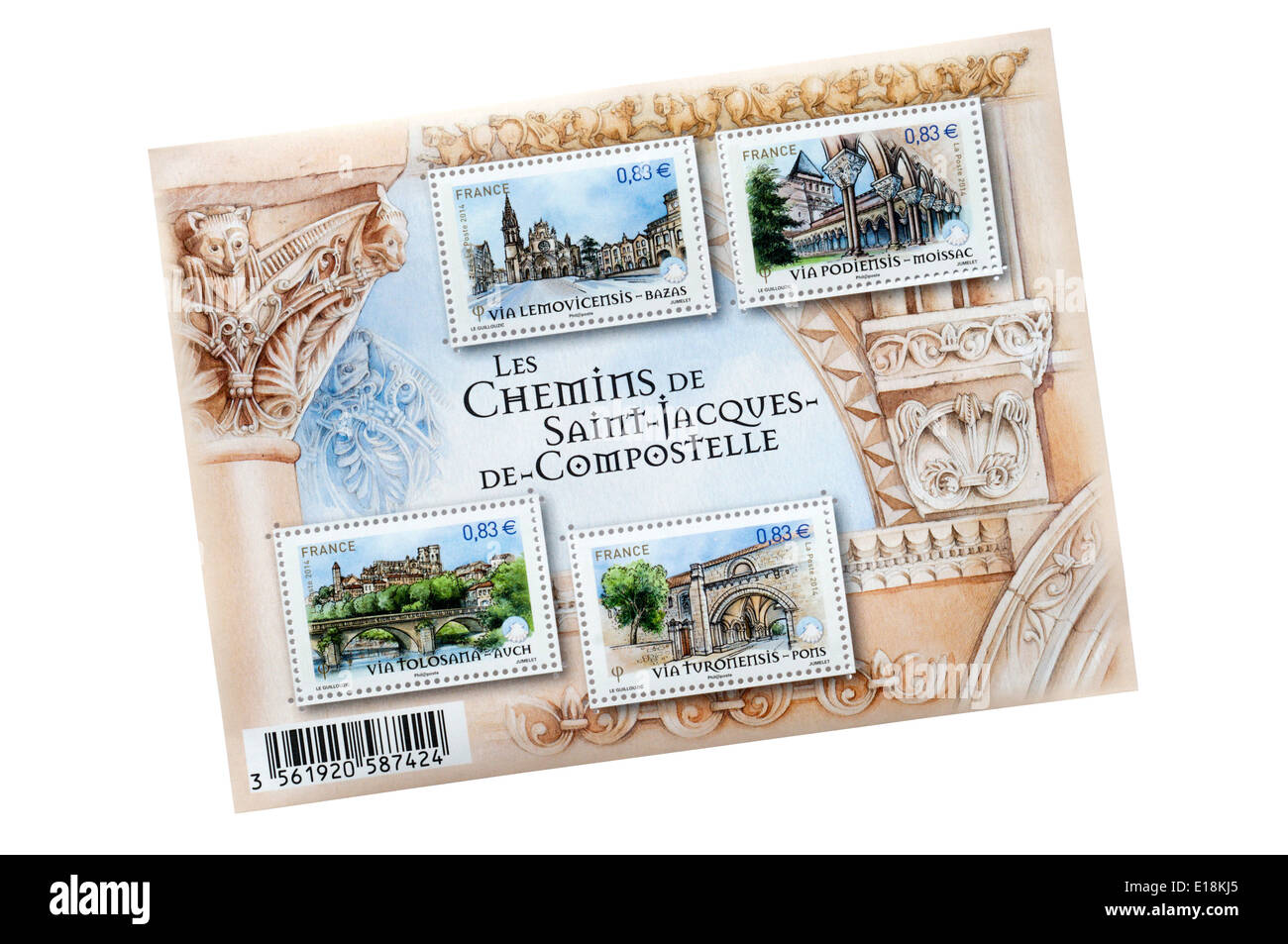 Une feuille de timbres-poste commémoratifs français célèbre le chemin de Saint-Jacques de Compostelle. Banque D'Images