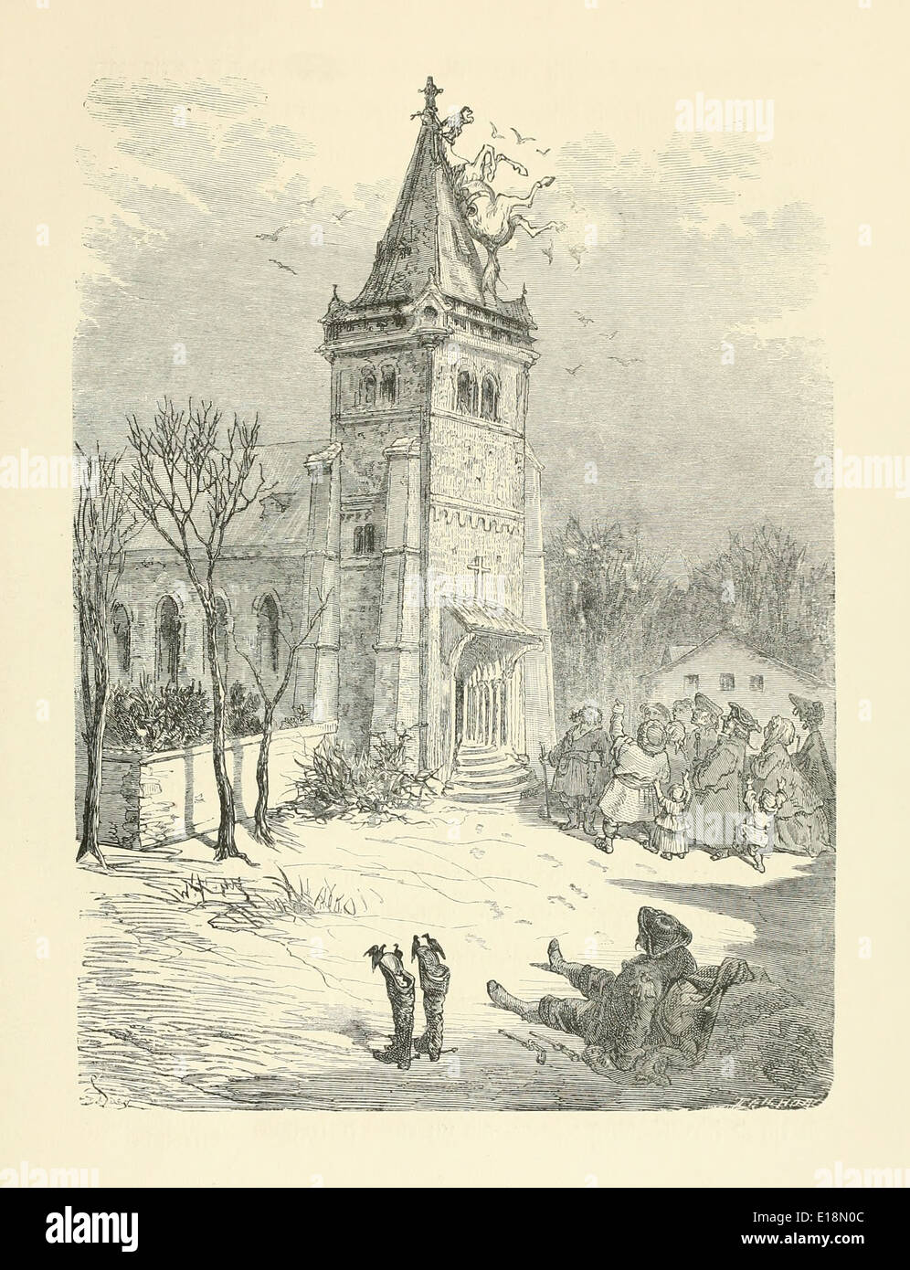 Chapitre 1 Le Baron attaché son cheval à une branche pendant une tempête et quand la neige dégèle découvre qu'il s'agissait d'un clocher de l'église. Paul Gustave Doré (1832-1883) illustration de 'Les Aventures du Baron Munchausen' par Rudoph Raspe publié en 1862. Steeple Banque D'Images