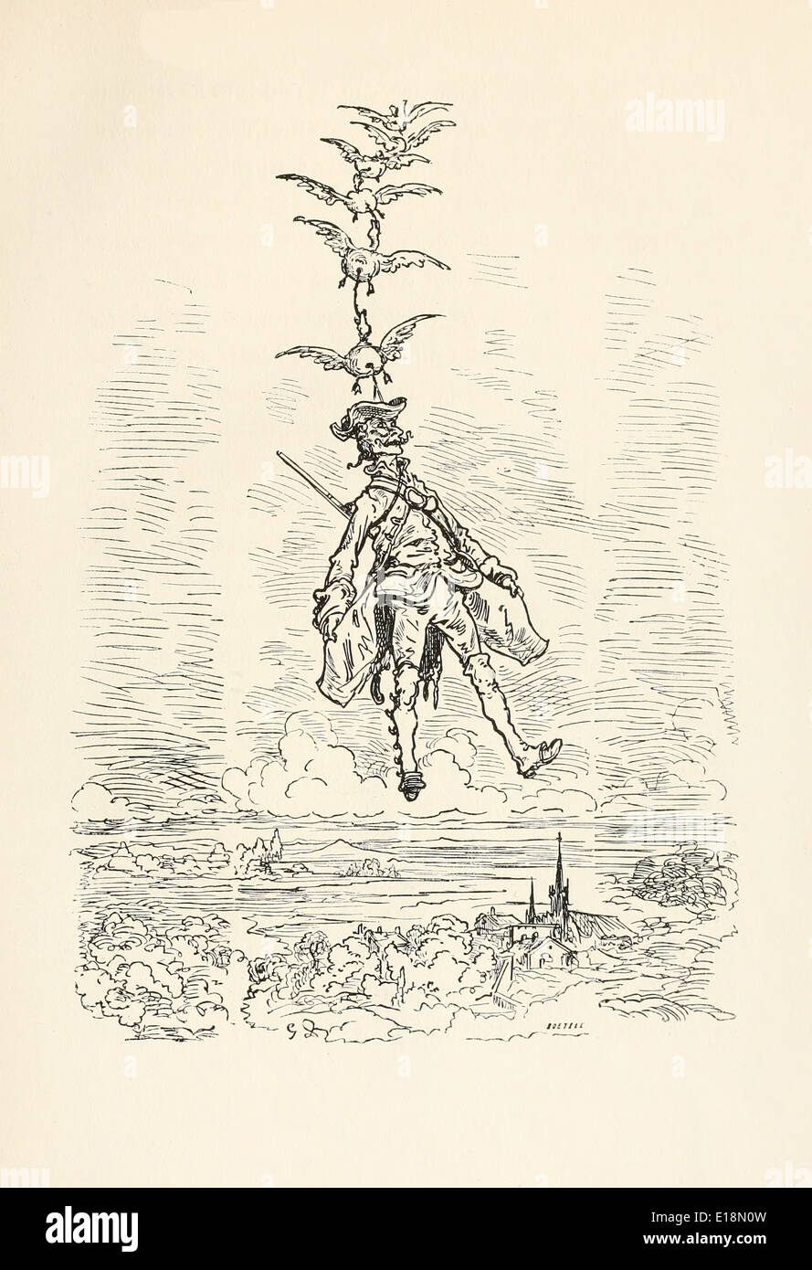 Paul Gustave Doré (1832-1883) illustration de 'Les Aventures du Baron Munchausen' par Rudoph Raspe publié en 1862. Flying Banque D'Images