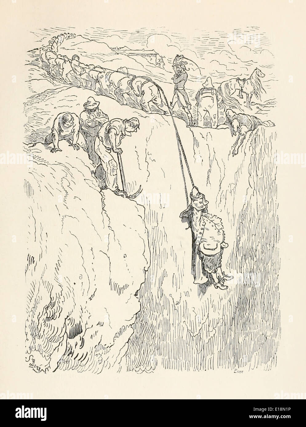 Chapitre 3 Le sauvetage du serviteur de la fosse. Paul Gustave Doré (1832-1883) illustration de 'Les Aventures du Baron Munchausen' par Rudoph Raspe publié en 1862. Banque D'Images