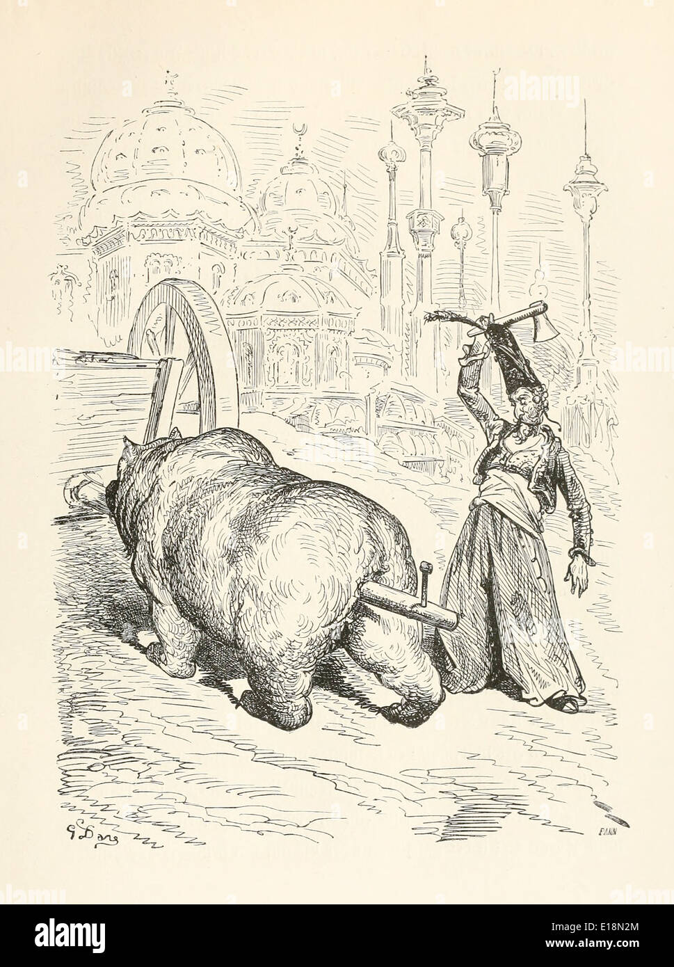 Chapitre 5 Le Baron conduit un peg à travers un pôle couverts dans le miel le piégeage de l'ours gourmand. Paul Gustave Doré (1832-1883) illustration de 'Les Aventures du Baron Munchausen' par Rudoph Raspe publié en 1862. Banque D'Images