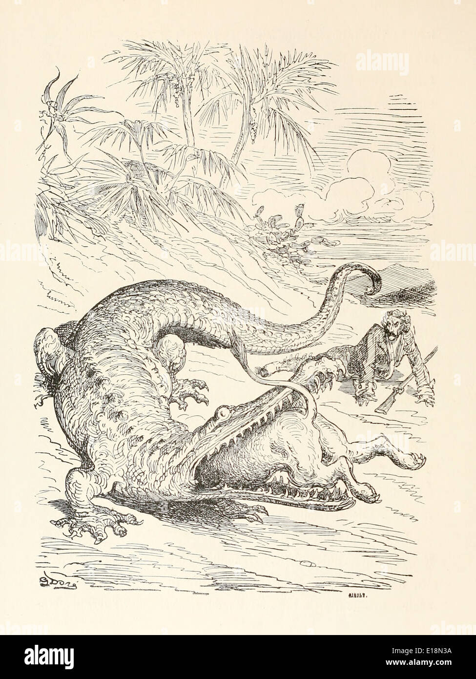 Paul Gustave Doré (1832-1883) illustration de 'Les Aventures du Baron Munchausen' par Rudoph Raspe publié en 1862. Lion Banque D'Images