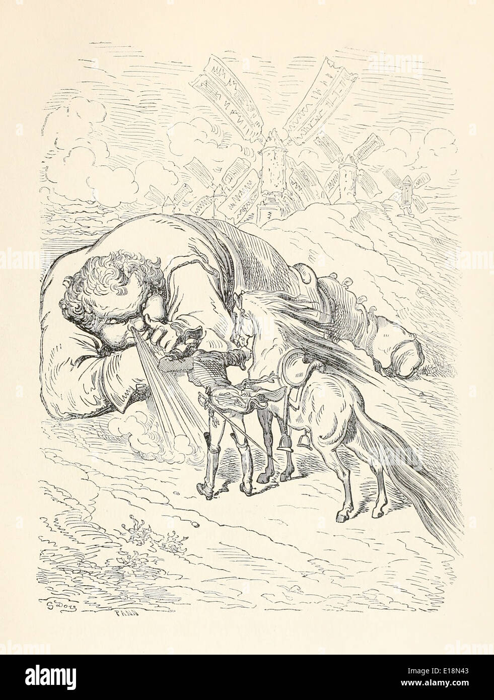 Chapter 10 Le Baron rencontre Falstaff soufflant le Miller's moulins à vent avec une narine. Paul Gustave Doré (1832-1883) illustration de 'Les Aventures du Baron Munchausen' par Rudoph Raspe publié en 1862. Banque D'Images