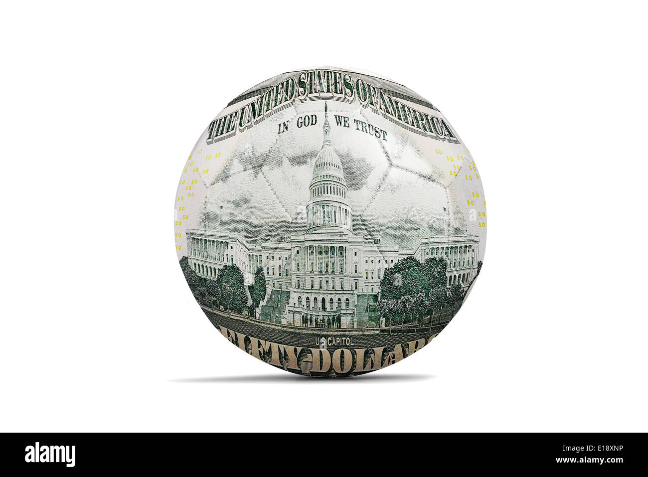 Des ballons de foot avec cinquante dollar note - recto- In God we trust Banque D'Images