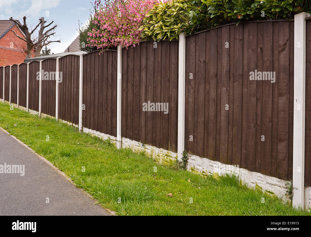 Panneaux de clôtures conseil fermer avec des poteaux en béton récemment repeint avec de la créosote Banque D'Images