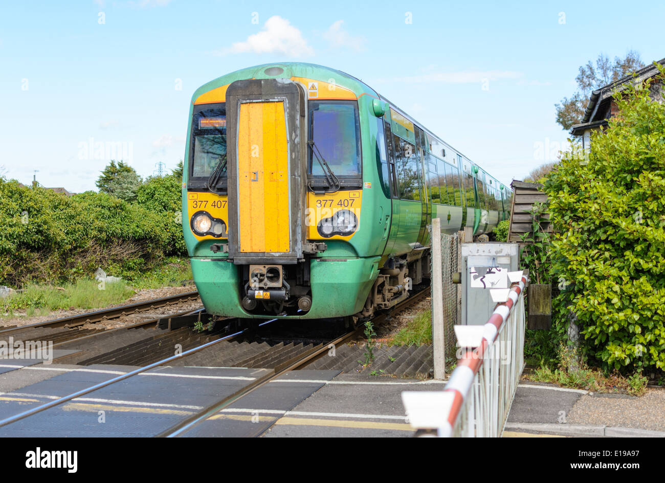 Train vert et jaune de classe 377 Electrostar Southern approchant un passage à niveau en Angleterre, au Royaume-Uni. Trains du sud. Southern Rail. Banque D'Images