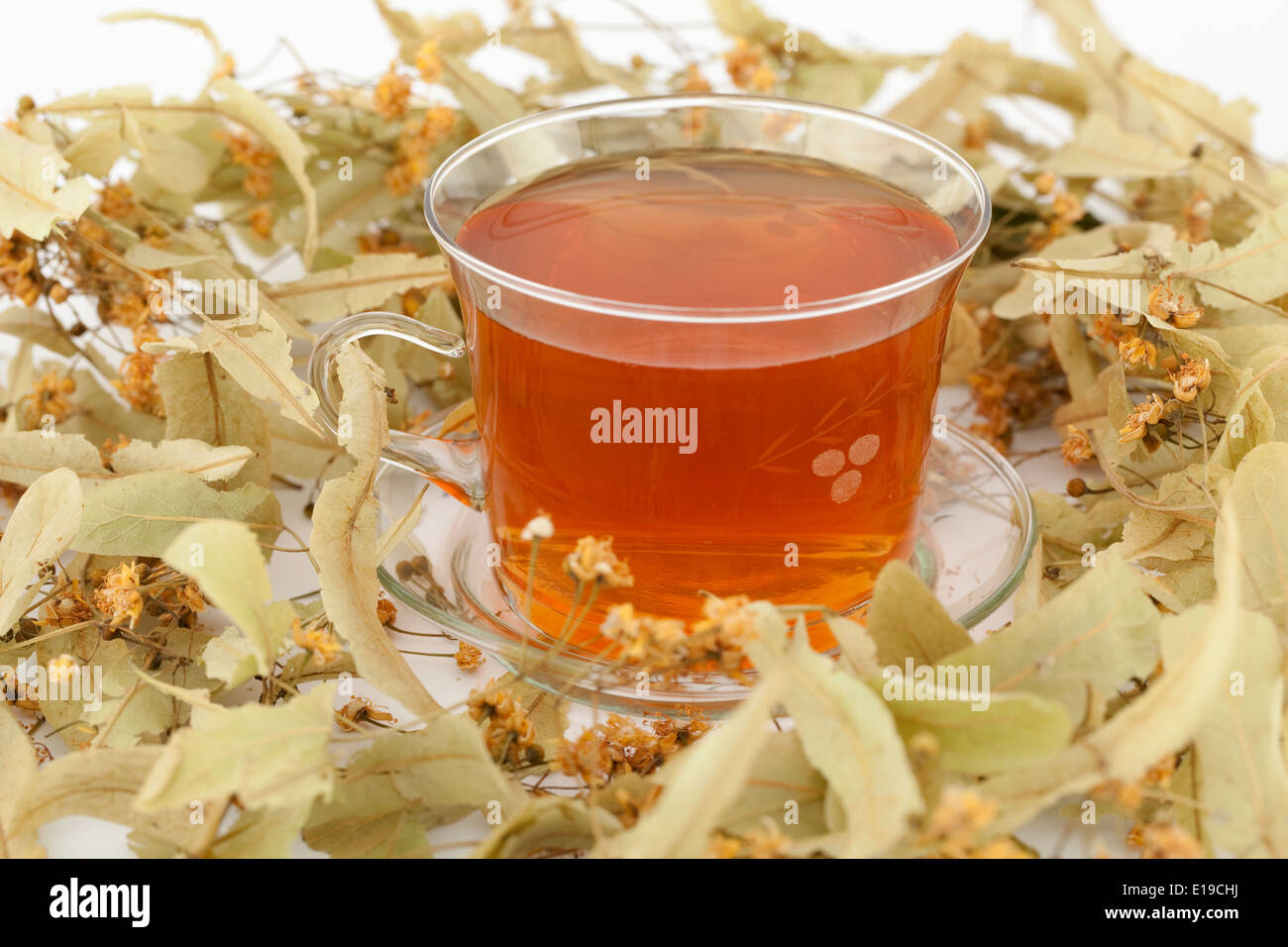 Fleur de tilleul sec et tasse d'infusion de tilleul Banque D'Images