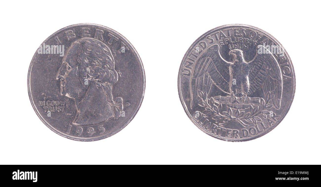 Vingt-cinq cents Américains sur un fond blanc, avant et arrière Banque D'Images