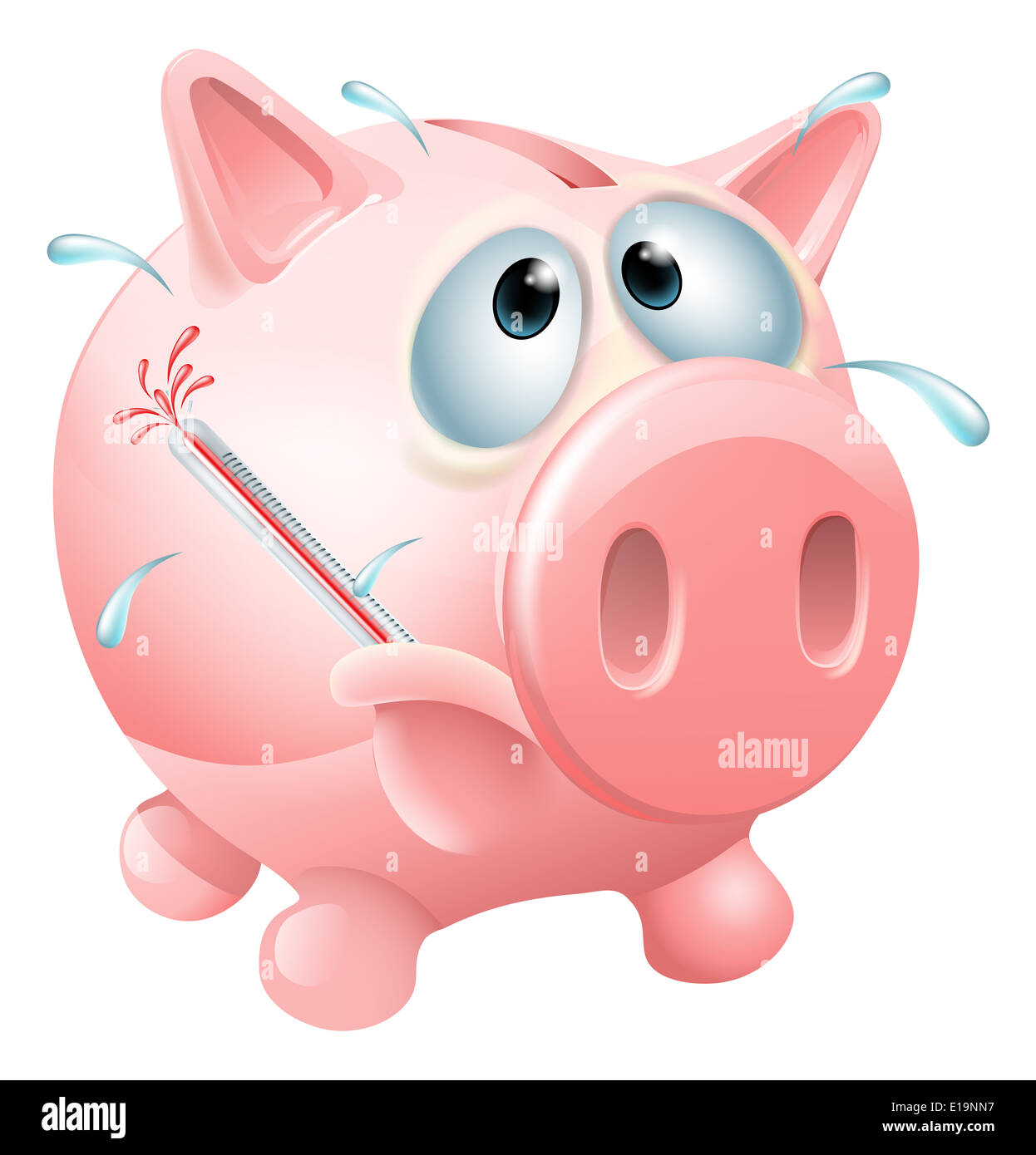 Finances publiques malsaines concept d'un malade tirelire de la transpiration avec une fièvre et provoquant un thermomètre à crever Banque D'Images
