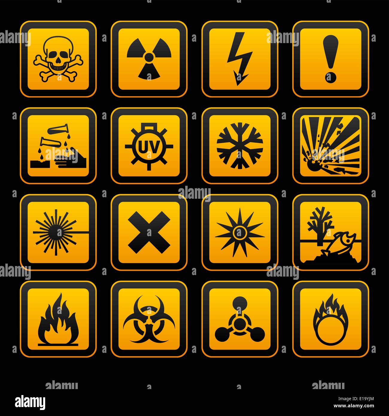 Les symboles de danger, signe des vecteurs d'orange sur fond noir Illustration de Vecteur
