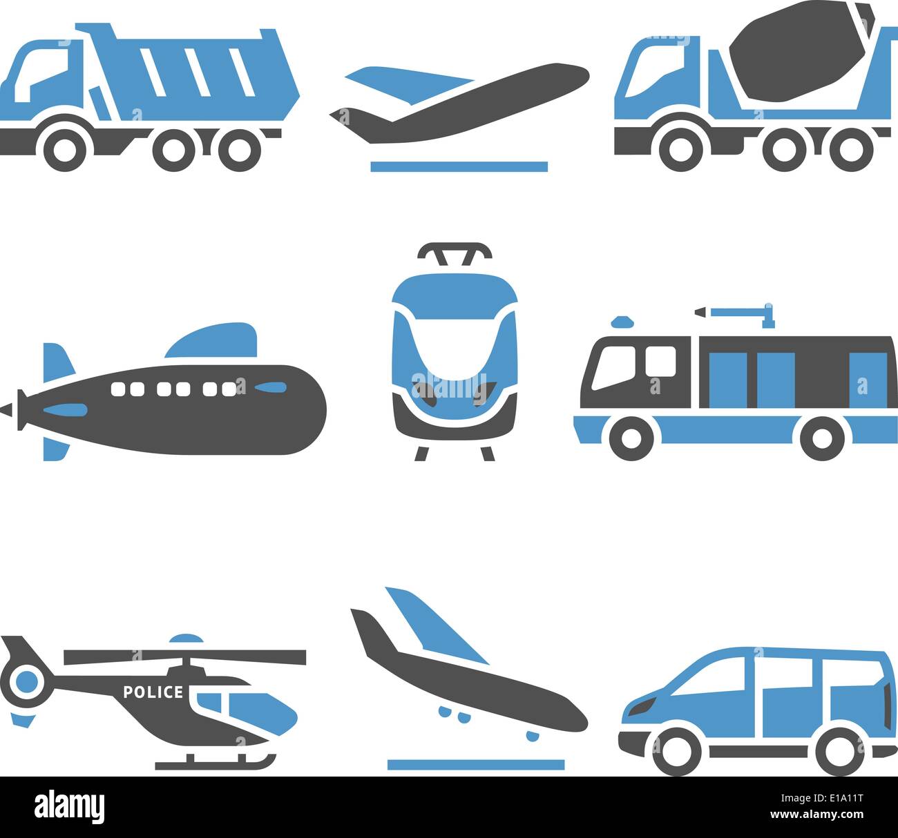 Icônes de transport - un ensemble de onzième. Illustrations vectorielles, silhouettes set isolé sur fond blanc. Bicolor (bleu et gris Illustration de Vecteur