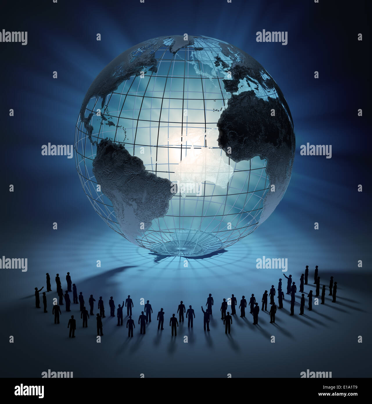 Grand groupe de petites gens debout autour d'un globe terrestre Banque D'Images