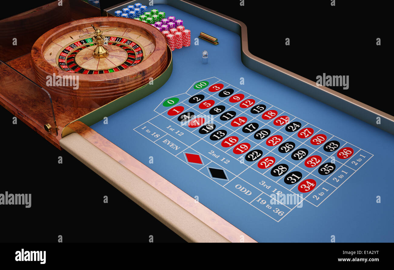 Table de roulette casino vue en gros plan. Feutre bleu. Banque D'Images